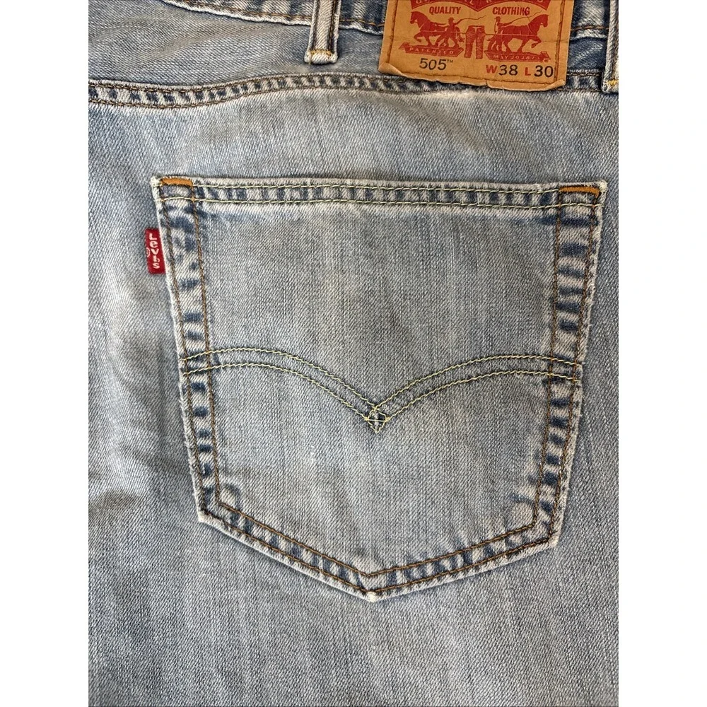 Levi's 505 Jeans Mens 38x28 Red Tab Light Wash Blue Straight Fit VTG Distressed